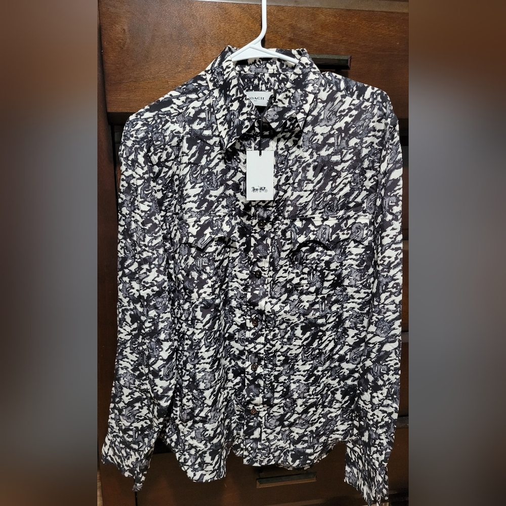 NWT Men's Coach Long Sleeve Button Down Shirt Static Print Black & White Size M